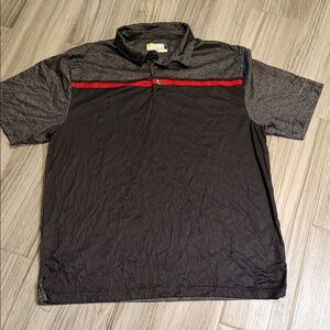 Men's Black Polo with Gray Sleeves and Red Chest Stripe